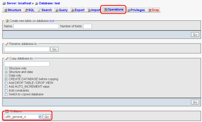 Change charset of existing databse with phpMyAdmin