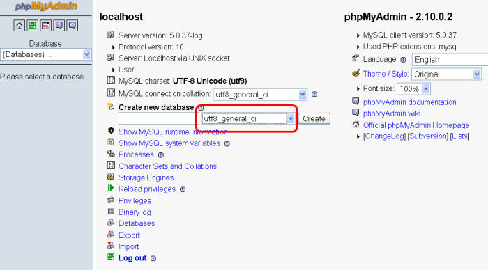 Create utf-8 database with phpMyAdmin